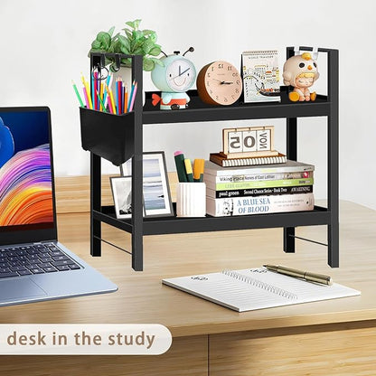 Bathroom Counter Organizer with Basket & Hooks, 2 Tier Bathroom Organizers and Storage for Perfume, Cologne or Spice, Black Countertop Organizer for Vanity, Kitchen, Office or Under Sinks