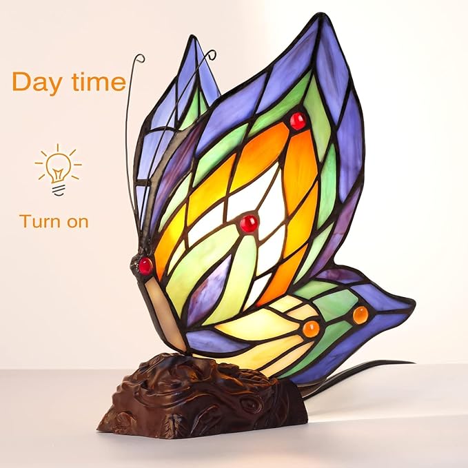 Tiffany Butterfly Table Lamp, 9'' Tall Vintage Stained Glass Lamp, Fairy Reading Night Light for Bedroom Living Room, 1 LED Bulb Included