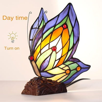 Tiffany Butterfly Table Lamp, 9'' Tall Vintage Stained Glass Lamp, Fairy Reading Night Light for Bedroom Living Room, 1 LED Bulb Included