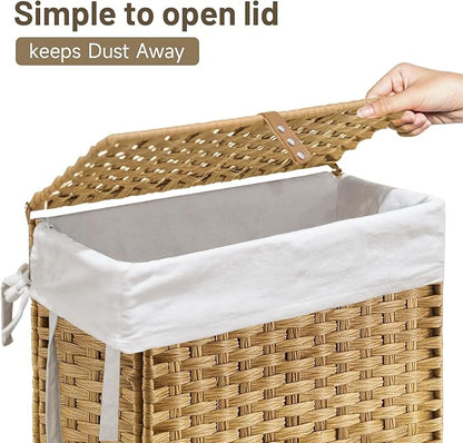 70L Slim Laundry Hamper with Lid & Wheels, 2-Park Rolling Laundry Basket with 4 Removable Liner Bags & 3 Mesh Bags, Narrow Dirty Clothes Basket, Foldable Handwoven Rattan Laundry Sorter, Natural