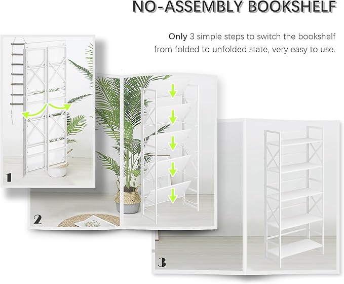 4NM 5 Tiers No Assembly Book Shelves, 51.2" H Folding Bookshelf Bookcase Open Industrial Foldable Shelves for Bedroom, Living Room, Home Office - All White