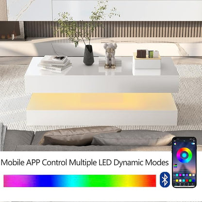 Uspeedy 47.3IN High Glossy LED Coffee Table,APP LED Lights,Black/White, Modern Furniture for Living Room (White)