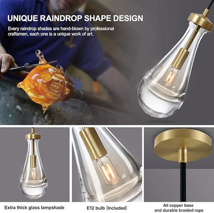 Raindrop Pendant Lights Set of 3, Pendant Lights Kitchen Island 3 Pack, Teardrop Glass Pendant Lights for Bedroom Bathroom, Island Lights, Chandelier for Living Room Hallway, Bulb Included