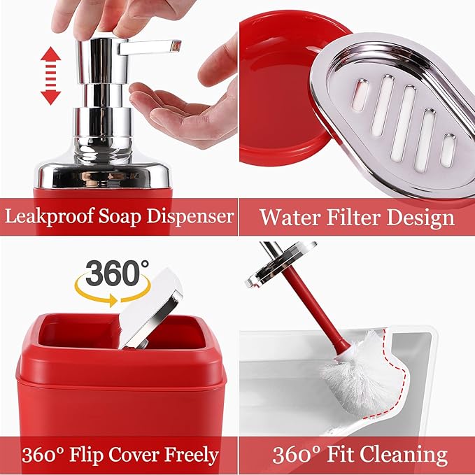 Burgundy Bathroom Accessories Set with Shower Curtain and Rugs, Dark Red Bathroom Accessories with Trash Can,Toothbrush Holder and Cup,Soap Dispenser,Tray,Soap Dish,Toilet Brush,Qtip Holders