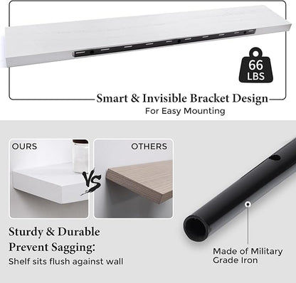 Axeman Floating Shelves, 8 Inch Deep Rustic Solid Wood Wall Shelves for Storage, Wall Mounted Display Shelving with Invisible Heavy-Duty Metal Bracket, 48" W x 8" D x 1.6" H, Distressed White