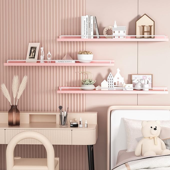 32 inches Long Floating Shelves, Bathroom Decor Shelves Over Toilet, Farmhouse Wall Shelves for Living Room, Bedroom, Picture Frames, Plants, Kitchen, Set of 3 (Pink and White)