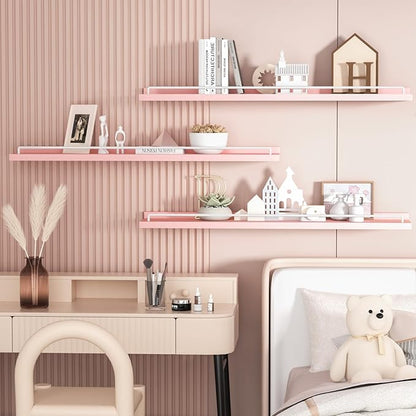 32 inches Long Floating Shelves, Bathroom Decor Shelves Over Toilet, Farmhouse Wall Shelves for Living Room, Bedroom, Picture Frames, Plants, Kitchen, Set of 3 (Pink and White)