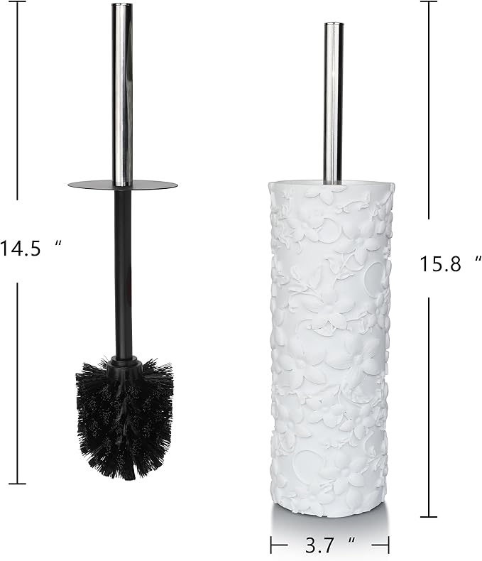 White Floral Design Resin Toilet Bowl Holder and Brush Set, Stylish Bathroom Cleaning Tool with Durable Bristles, Compact and Functional