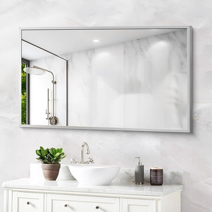 Silver Bathroom Mirror for Wall, 30x48 Inch Rectangle Mirrors with Metal Frame, Modern Vanity Wall Mirror Decor for Bathroom Living Room, Entryway Hangs Horizontal or Vertical