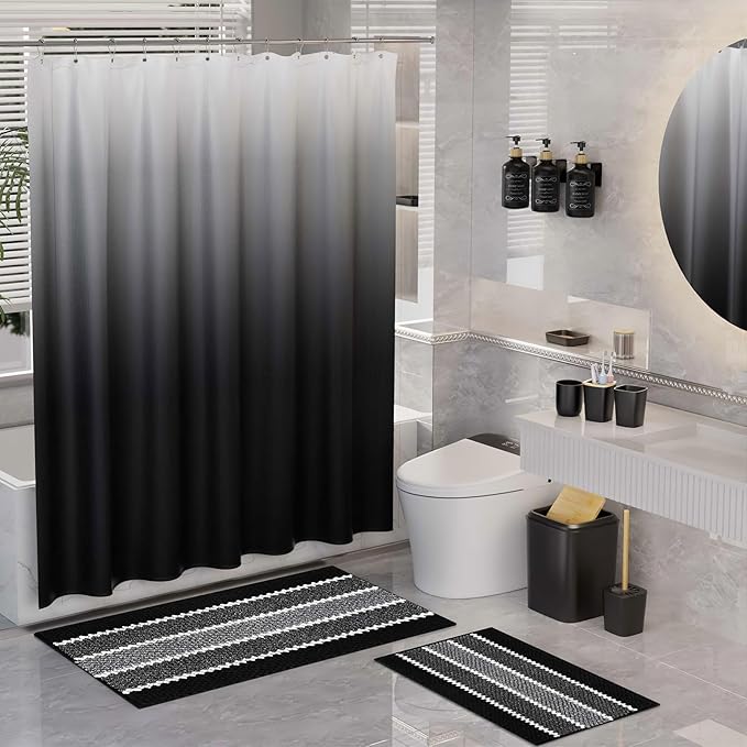 34PCS Black Bathroom Accessories Sets Complete, with Shower Curtain, Rugs, Trash Can and Toilet Brush, 3PCS 17oz Soap Dispenser Wall Mounted, Toothbrush Holder and Cup, Soap Dish, Qtip Holder