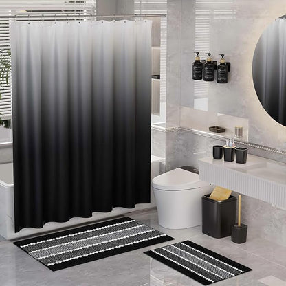34PCS Black Bathroom Accessories Sets Complete, with Shower Curtain, Rugs, Trash Can and Toilet Brush, 3PCS 17oz Soap Dispenser Wall Mounted, Toothbrush Holder and Cup, Soap Dish, Qtip Holder