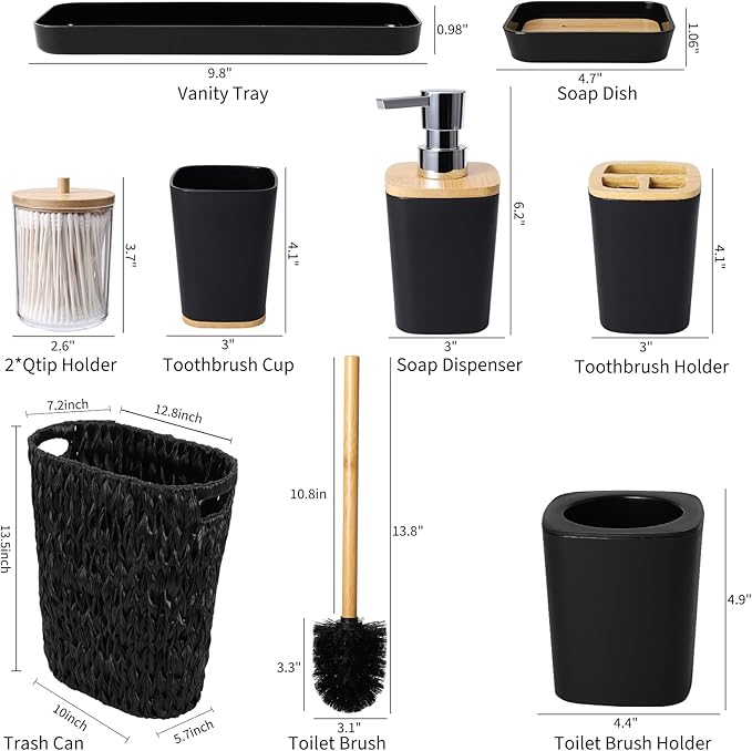 Black Bathroom Accessories Set with Wicker Trash Can, Black Bathroom Accessories Set Bathroom Sets Small Waste Basket Bathroom Trash Can for Bedroom Bathroom