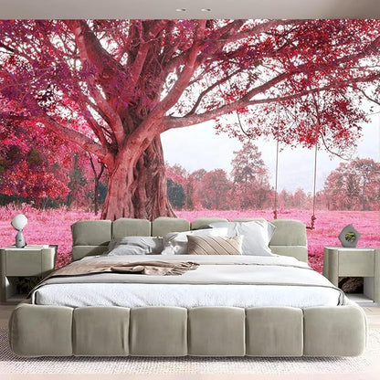 FENDROM Autumn Pink Flower Tapestry Window View Wall Hanging, Nature Forest Floral Trees Garden Scenic Tapestries for Living Room Home Office Dorm