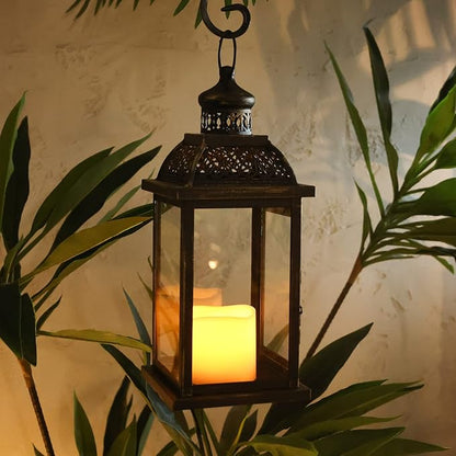 DECORKEY Lanterns Decorative Indoor&Outdoor, 14.4'' Large Black Square Hanging Lanterns, Vintage Metal Candle Holder for Outdoor Patio Front Door Porch Wedding Party Decor