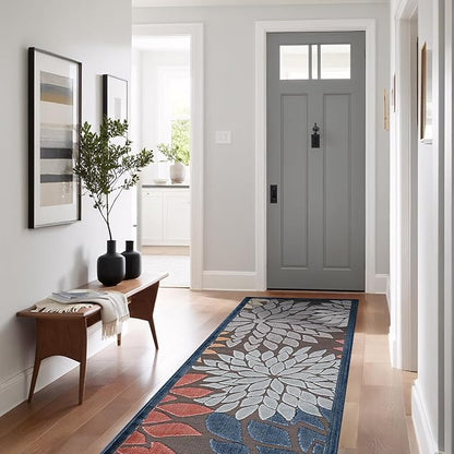 Beverly Rug Outdoor Runner Rug 2x7 Modern Floral Tropical Area Rugs for Indoor and Outdoor Patio Easy to Clean Non Shedding Living Room Porch Garden Washable Outside Carpet (2 x 7 Brown)