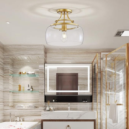 WUZUPS Chandelier Rustic Farmhouse Industrial Round Semi-flushmount Ceiling LED Light Fixture with Clear Glass Shades for Bathroom Kitchen Foyer Entryway, H 11.8" x W 13.4", E26 Base, Gold