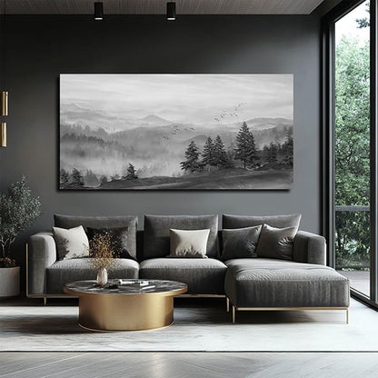 SOUGUAN Grey Wall Decor Foggy Mountain Wall Art Tree and Bird Pictures Artwork for Walls Living Room for Bedroom Kitchen Dining Room Home Office 30x60 Inch