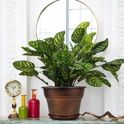 10 Inch Planters Plant Pots Indoor Outdoor, 4 Pack Plastic Flower Pot for Indoor Plants with Drainage Holes & Trays, Resin Decorative Container Sets with Saucer for House Garden Copper