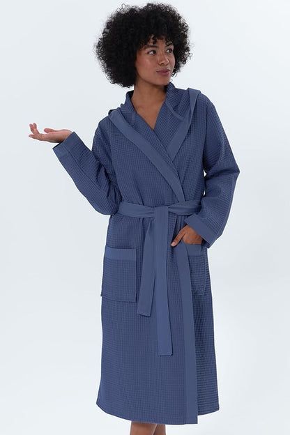 Women’s Luxury Waffle Shawl Collar, Hooded Robe w Piping – Lightweight, Long, Ultra Soft Spa Sleepwear Bathrobe