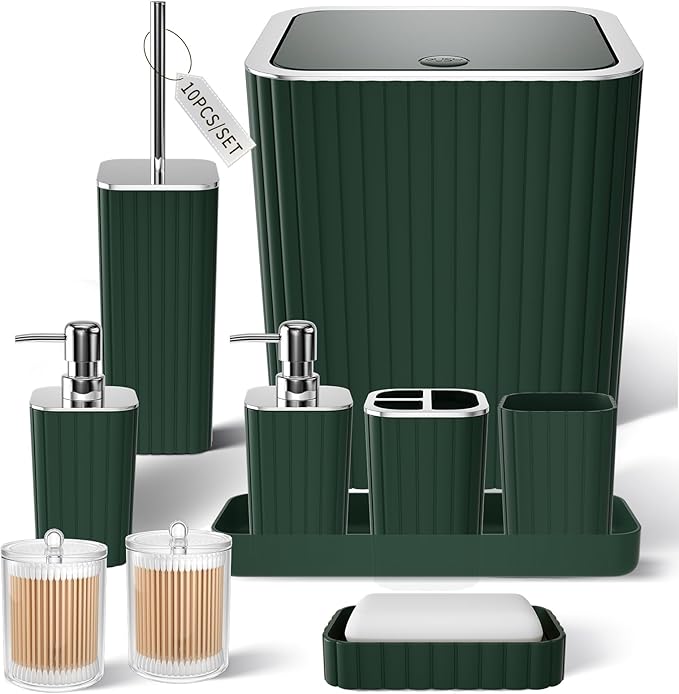 Bathroom Accessories Set - Gorgeous Green Bathroom Set, 10PC Green Bathroom Accessory Set, Bathroom Sets with Toilet Brush, Bathroom Trash Can