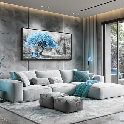 ZUITINGHUA Large Black Framed Wall Decor For Living Room Canvas Wall Art For Office Modern Wall Decorations For Bedroom Blue Tree Landscape Paintings Black And White Pictures Home Decor 24x48 In