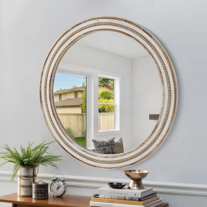 24 Inch Round Mirror - Distressed Vintage Farmhouse Mirror for Bathroom Wall, Living Room, Bedroom & Entryway, Handmade Wood Frame