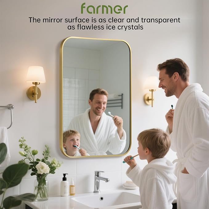 FARMER 24x36 Inch Gold Bathroom Mirror, Rectangle Vanity Mirror, Brushed Mirrors for Wall, Metal Frame Hanging Mirror with Round Corner for Bedrooms, Entryways, Living Rooms, Horizontal/Vertical