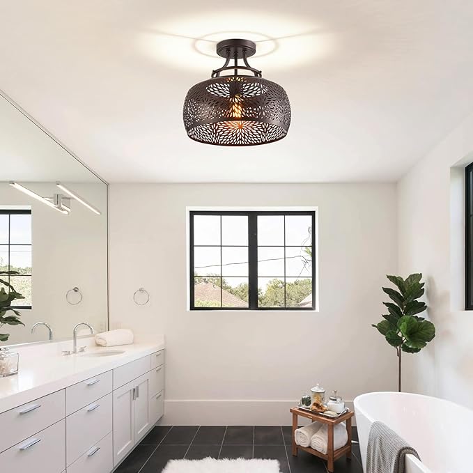 WUZUPS Chandelier Rustic Farmhouse Industrial Round Semi-flushmount Ceiling LED Light Fixture with Later-Cut Openwork Drum Shade, H 11.8" x W 13.4", Oil Rubbed Bronze