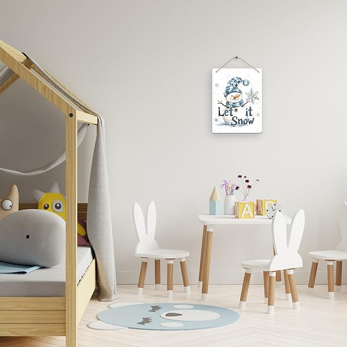 Winter Snowman Hanging Wooden Signs 12x6, Let It Snow Signs, Winter Wall Decor, Winter Door Decor, Blue Snowman Winter Snowflakes Home Room Office Hanging Wall Decor