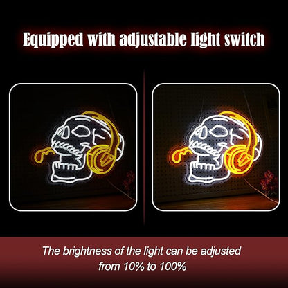 Skull Headphone Neon Sign Headphone Neon Light for Wall Decor LED Dimmable USB Skull Light Up Sign for Halloween Party Game Room Personalized Gifts(12.6 * 16.5In)