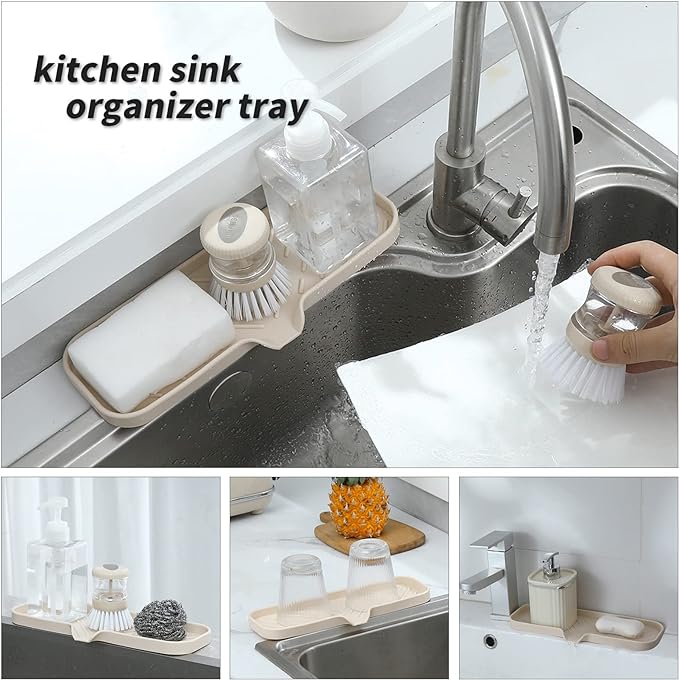 Silicone Bathroom Soap Dishes with Drain Spout-Bathroom and Kitchen Sink Organizer,Sponge Holder,Dish Soap Tray,Perfect for Dispenser,Scrubber,Bottle,Cup on Sink or Counter-Tapioca 12"×4"