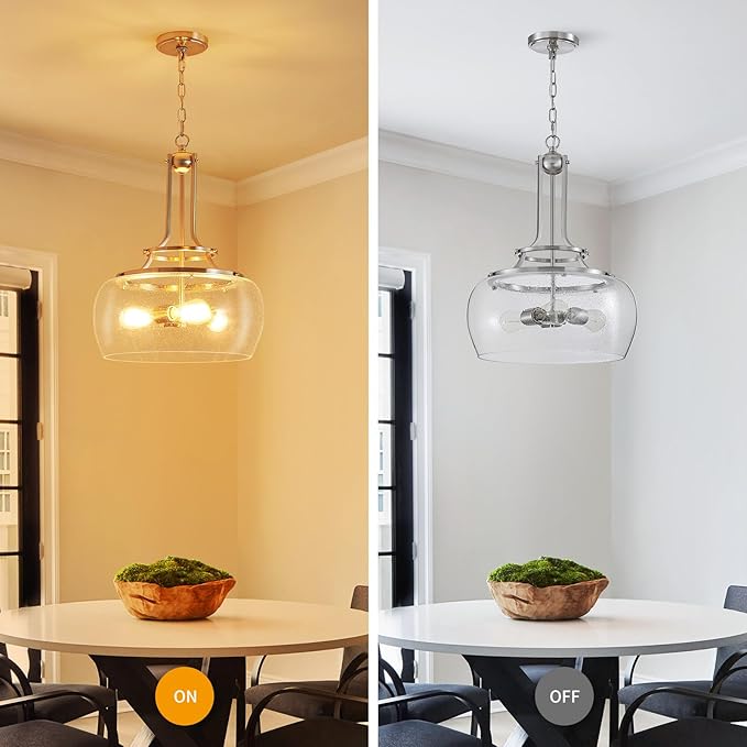 WUZUPS Chandelier Rustic Farmhouse Industrial Round Ceiling Pendant LED Light Fixture Clear Seeded Glass Shade for Dining Room Kitchen Island Foyer Entryway, H 20.9" x W 15.9", Brushed Nickel