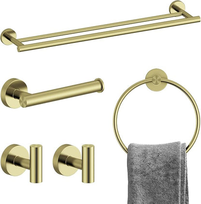 Brushed Gold Bathroom Accessories Set, SUS304 Stainless Steel 5 Pieces Bathroom Hardware Set, 24" Double Bath Towel Bar Set, 2 Towel Hooks, Toilet Paper Holder, Towel Racks for Bathroom Wall Mounted