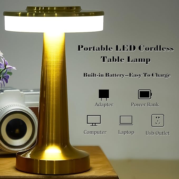 VIHOSE Set of 8 LED Portable Cordless Table Lamp with Touch Sensor 3 Color Stepless Dimming Rechargeable Battery up to 15 Hours Cordless Table Light Wireless Lamp for Nursery(Gold)