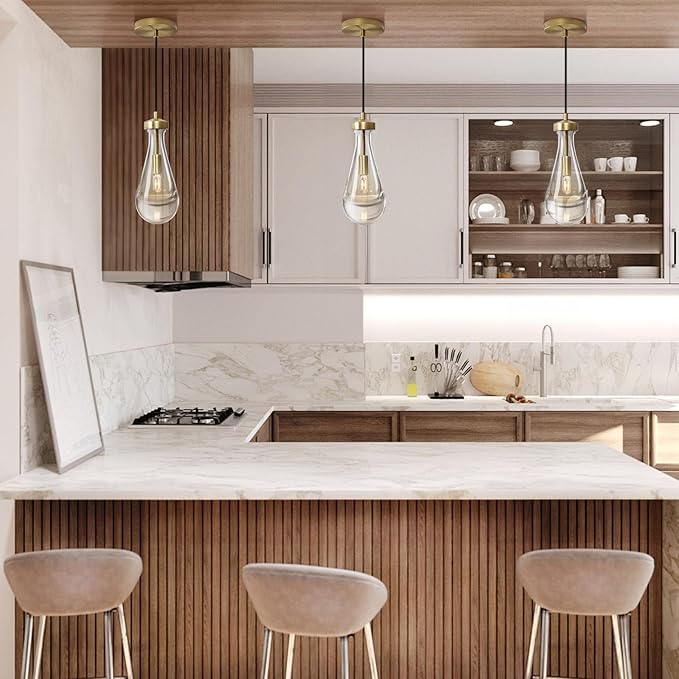 Raindrop Pendant Lights, Pendant Lights Kitchen Island, Brass Base Hanging Light Dining Room Light Fixture, Handblown Clear Kitchen Chandelier, Rope Pendant Lights for Living Room Hallway,E12 Bulb