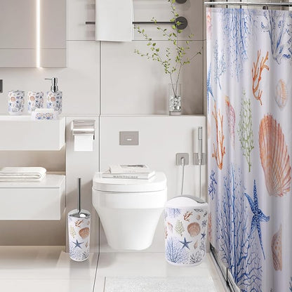 Bathroom Accessories Set Complete with Sea Shower Curtain,10 Piece Bathroom Sets with Toothbrush Holder,Toothbrush Cup,Lotion Soap Dispenser,Soap Dish,Toilet Brush,Trash Can,Qtip Holder