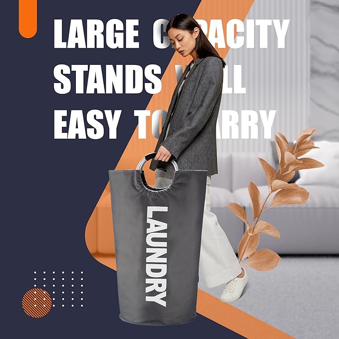 Caroeas 100L Laundry Basket,Large Laundry Hamper, Laundry Bag with Padded Handles, Clothes Hamper Stands Up Well, Collapsible Free Standing Easy Storage Washing Bin (Dark Grey,100L)