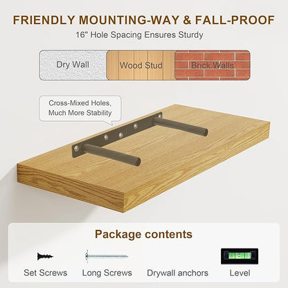 Fun Memories Floating Shelves 55 Inch Long, 8 Deep Floating Shelves for Wall, Large 55 x 8 Display Shelves for Living Room, Kitchen, Wood Deep Wall Shelves for Home Storage, Oak Color, 1 Pack