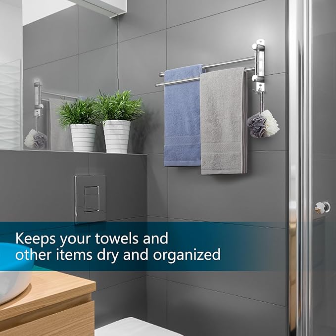 Wall Mounted Towel Rack JSVER 2 Arms Extended Swivel Towel Holder, SUS304 Stainless Steel Towel Racks for Bathroom, Kitchen