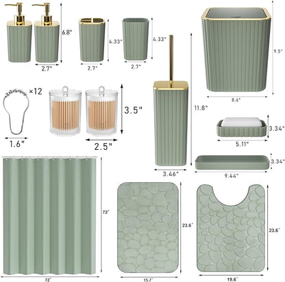 Bathroom Accessories Set - 25PC Sage Green Bathroom Set, Bathroom Set with Shower Curtain and Rugs, Sage Green Shower Curtain Set, Bathroom Accessory Set, Trash Can & Soap Dispenser