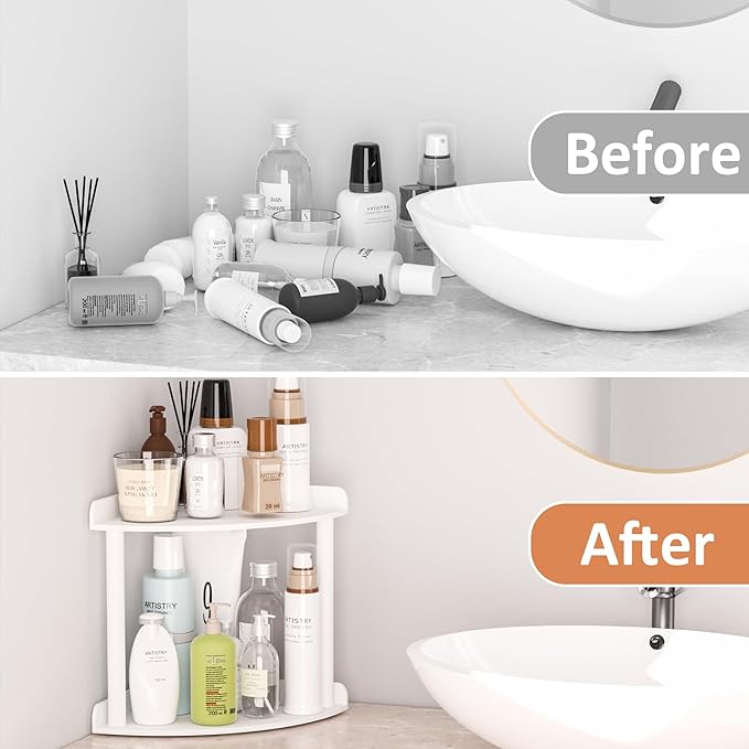 2-Tier Countertop Corner Organizer Shelf - 7x7x8 Inch, White Acrylic Bathroom Organizer for Countertop, Vanity Storage for Skincare, Cosmetics, Perfume