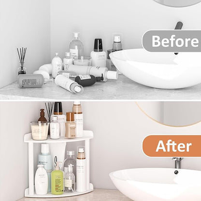 2-Tier Countertop Corner Organizer Shelf - 7x7x8 Inch, White Acrylic Bathroom Organizer for Countertop, Vanity Storage for Skincare, Cosmetics, Perfume