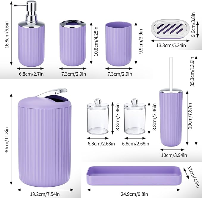 9PCS Purple Bathroom Accessories Set Complete with Trash Can, Vanity Tray, Soap Dispenser, Soap Dish, Toothbrush Holder, Toothbrush Cup, Toilet Brush and Qtip Holders