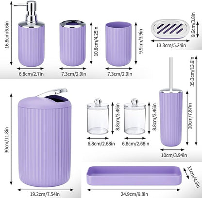 9PCS Purple Bathroom Accessories Set Complete with Trash Can, Vanity Tray, Soap Dispenser, Soap Dish, Toothbrush Holder, Toothbrush Cup, Toilet Brush and Qtip Holders