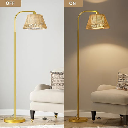 Oneach Arc Floor Lamp for Living Room with 3 Color Temperatures, Farmhouse Floor Lamps with Remote & Dimmable Bulb, Rattan Boho Floor Lamp with Hand-Woven Wicker & Fabric Shade