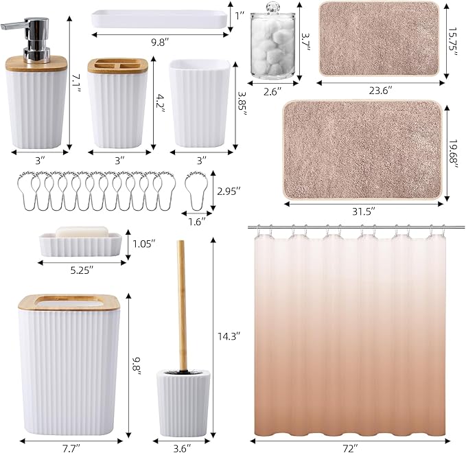 24Pcs White and Gold Bathroom Set with Shower Curtain and Rug, White Bathroom Sets Complete with Trash Can,Soap Dispenser,Soap Dish,Toilet Brush,Toothbrush Holder and Cup,Tray,Q-Tip Holders