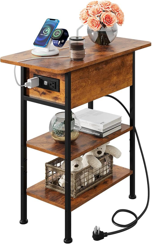 WLIVE End Table with Charging Station, Flip Top Side Table with Storage Shelf, Sofa Couch Table with USB Ports and Outlets, Narrow Bedside Table for Living Room, Bedroom Nightstand, Rustic Brown