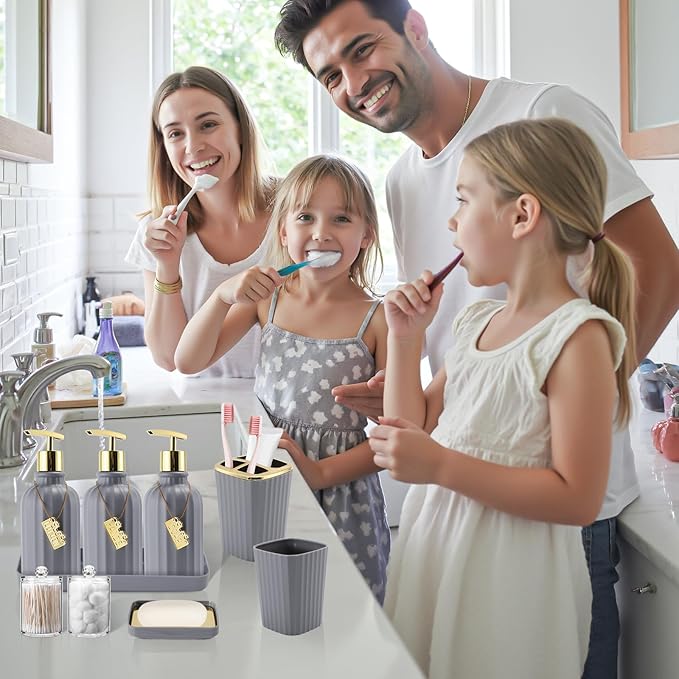 32PC Bathroom Accessory Set Bathroom Accessories Set Grey Bathroom Set, Shower Curtain Set, 2 Piece Bath Towel Set, 3PC Soap Dispenser, Toilet Brush & Trash Can