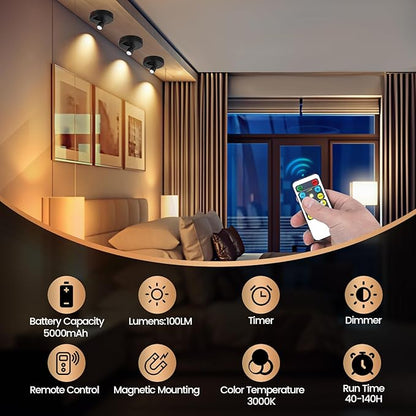 Cordless Spotlight Battery Powered, Indoor Plant Spot Light, Rechargeable Picture Lights with Remote, LED Accent Lighting, Dimmable Display Uplight for Tree Dartboard Decor Painting Art Photo