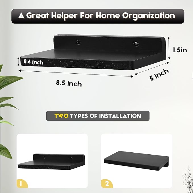 Small Floating Shelf,5 x 8.5 Inch,Set of 3 Small Wall Shelf for Bedroom Living Room Bathroom Kitchen Office (Black)